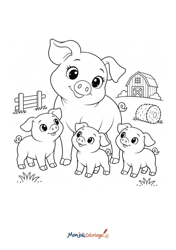 Coloriage à imprimer : Cochons - maman et ses bébés