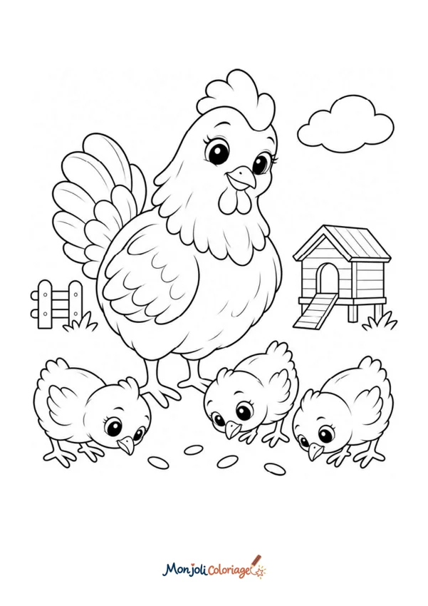 Coloriage à imprimer : Poules - maman et ses bébés