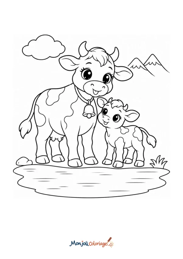 Coloriage à imprimer : Vaches - maman et son bébé