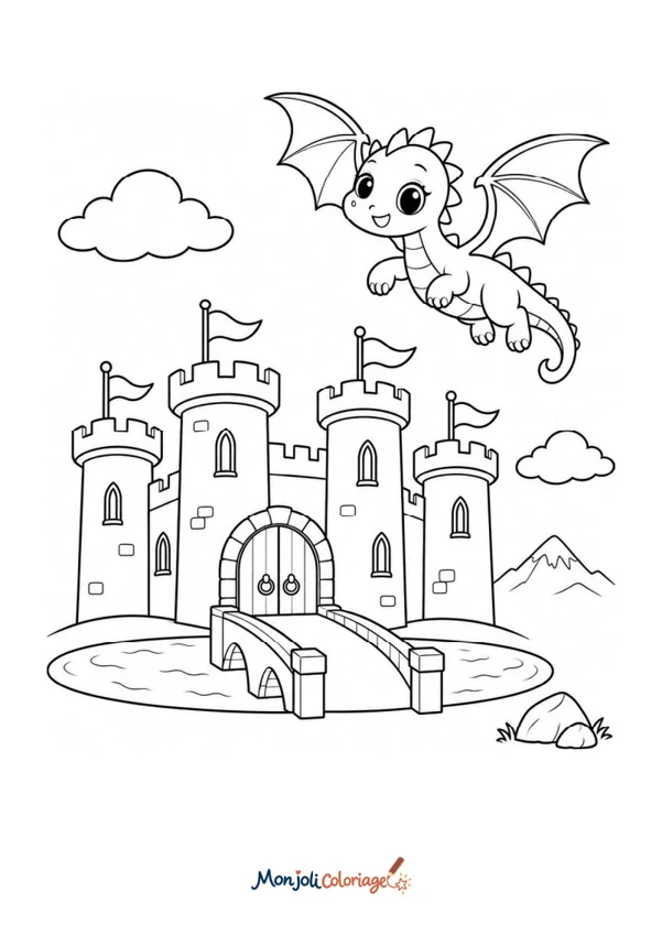 Coloriage à imprimer : Chateau fort avec dragon