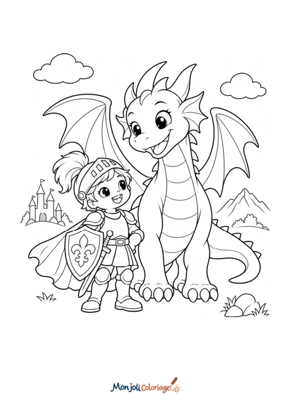 Coloriage à imprimer : Chevalier et dragon