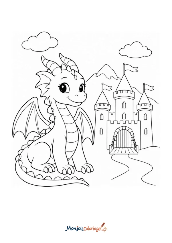 Coloriage à imprimer : Dragon et château