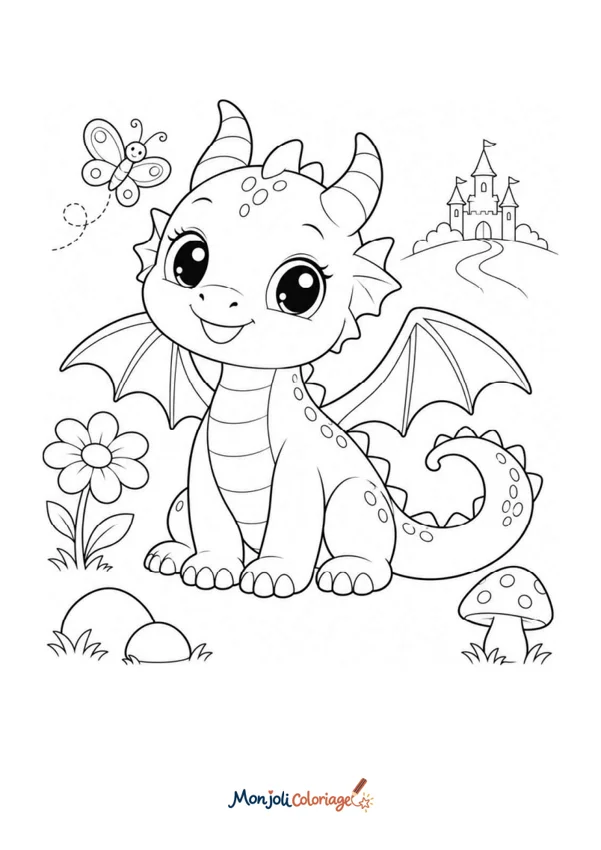 Coloriage à imprimer : Dragon bébé et château