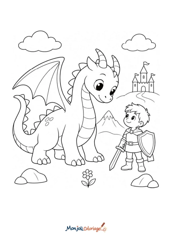 Coloriage à imprimer : Dragon et chevalier
