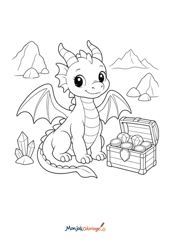 Coloriage à imprimer : Dragon et trésor