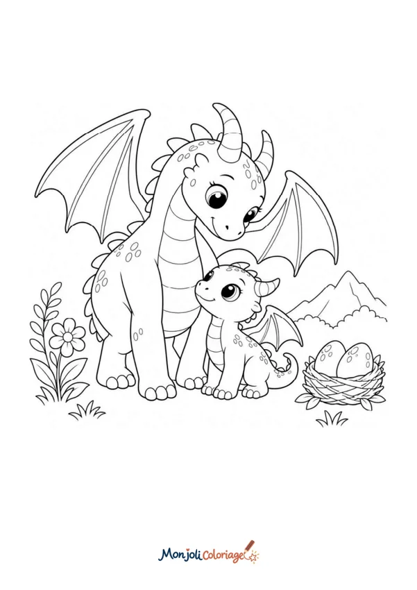 Coloriage à imprimer : Dragons - maman et son bébé