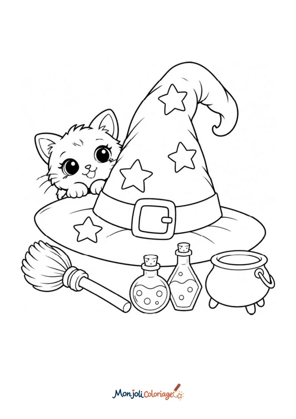 Coloriage à imprimer : Chapeau de sorcière et chat
