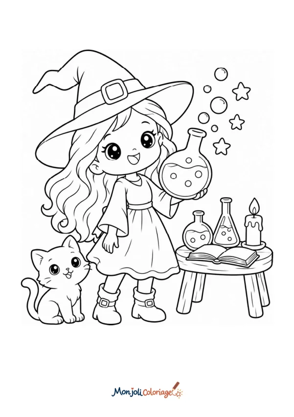 Coloriage à imprimer : Sorcière avec potion magique