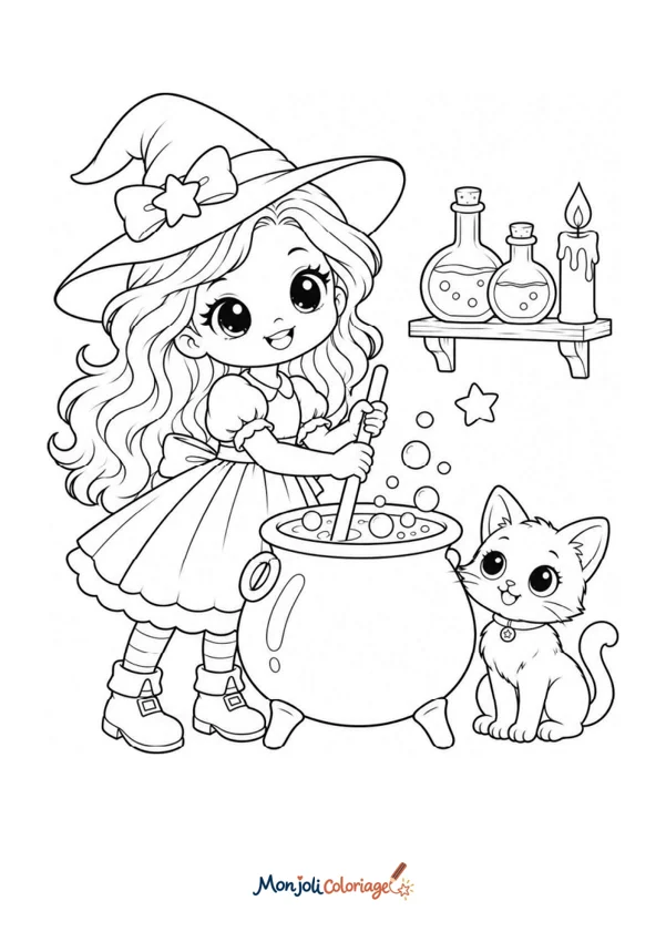 Coloriage à imprimer : Sorcière et son chaudron