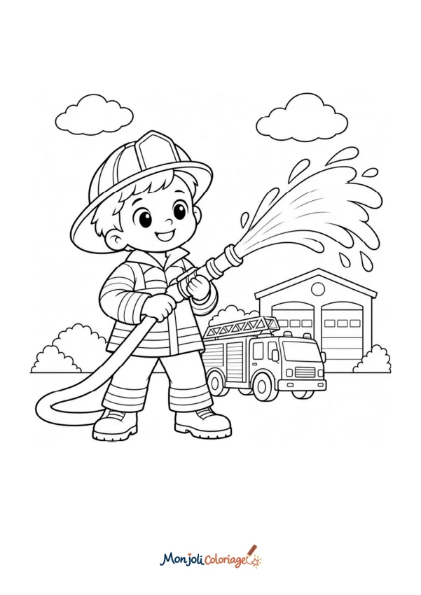 Coloriage à imprimer : Pompier et sa lance à eau
