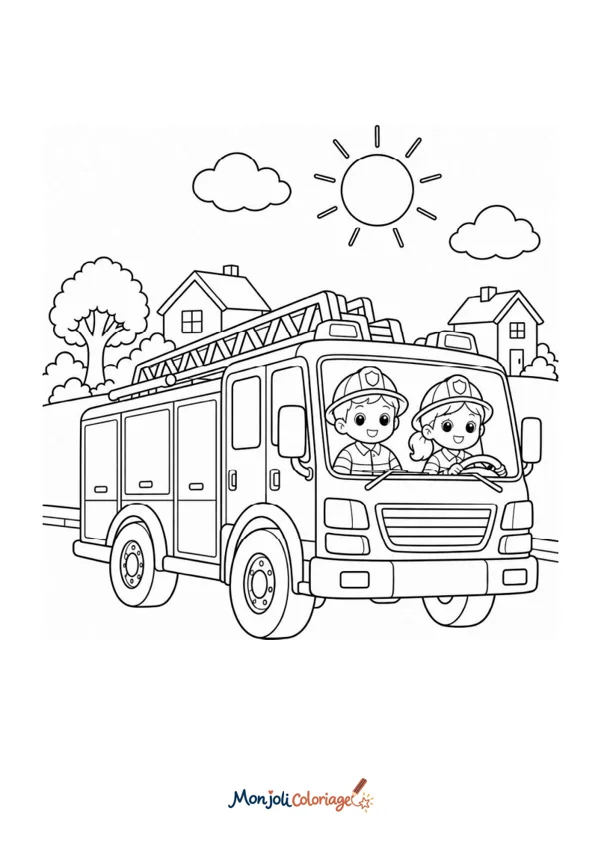 Coloriage à imprimer : Pompiers dans leur camion