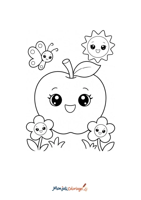 Coloriage à imprimer : Pomme kawaii