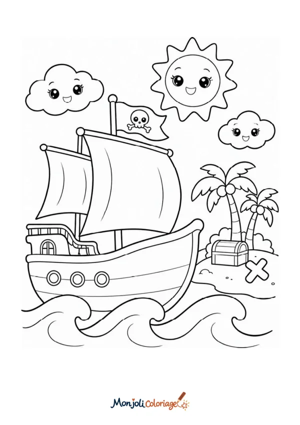 Coloriage à imprimer : Bateau pirate et île au trésor