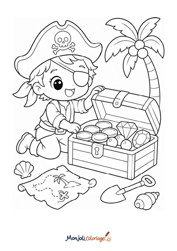 Coloriage à imprimer : Pirate avec coffre au trésor