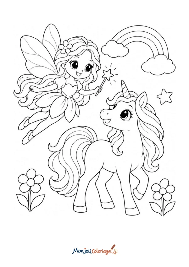 Coloriage à imprimer : Fée avec licorne