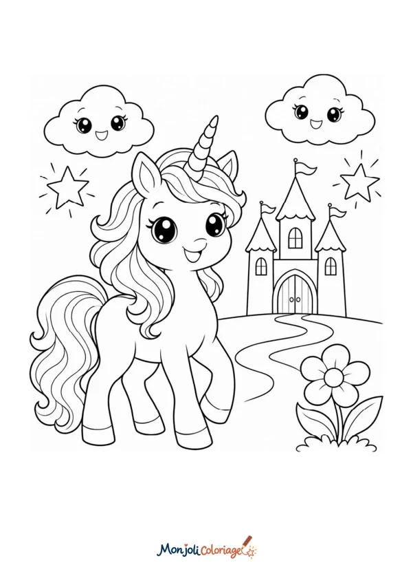 Coloriage à imprimer : Licorne et chateau