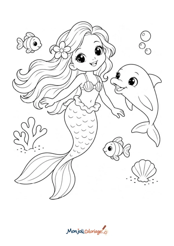Coloriage à imprimer : Sirène avec animaux marins