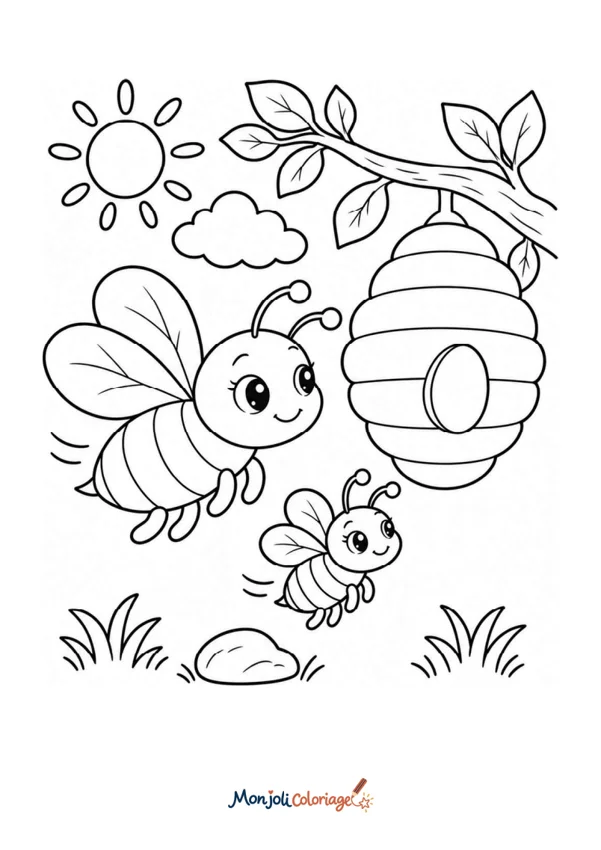 Coloriage à imprimer : Abeille avec ruche