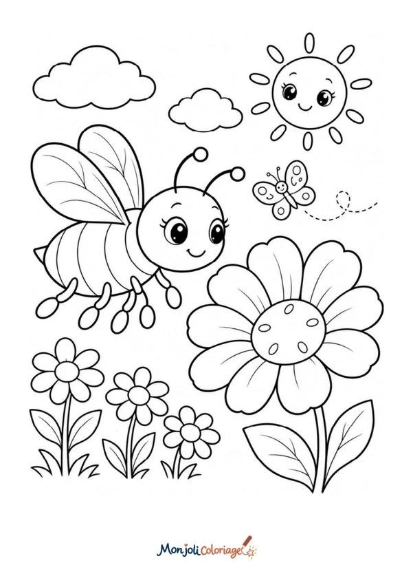 Coloriage à imprimer : Abeille en train de butiner