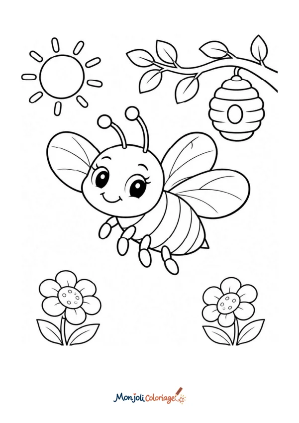 Coloriage à imprimer : Abeille et sa ruche
