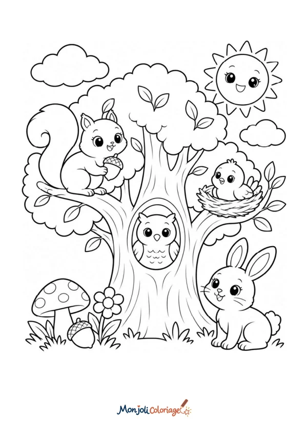Coloriage à imprimer : Arbre et animaux
