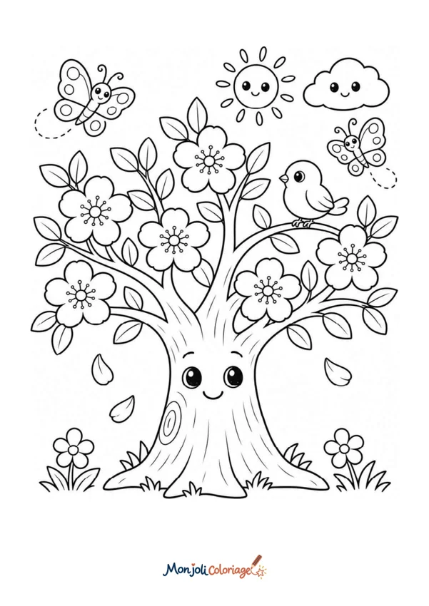 Coloriage à imprimer : Arbre printanier en fleurs