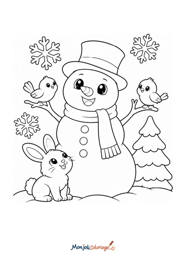 Coloriage à imprimer : Bonhomme de neige et animaux