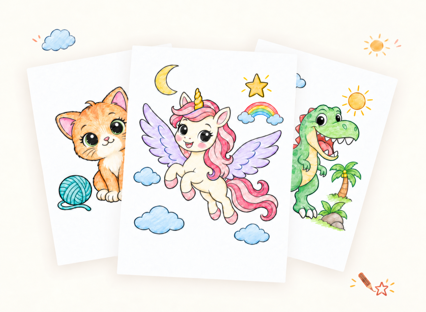 Trois coloriages au crayon : un chaton roux, une licorne à crinière rose et ailes mauves, et un dinosaure vert