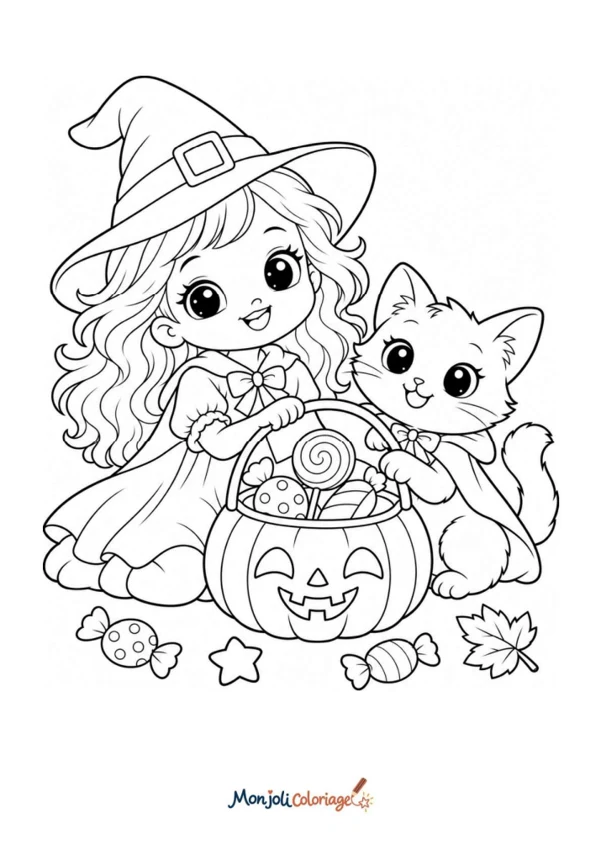 Petite sorcière et chat avec bonbons Halloween